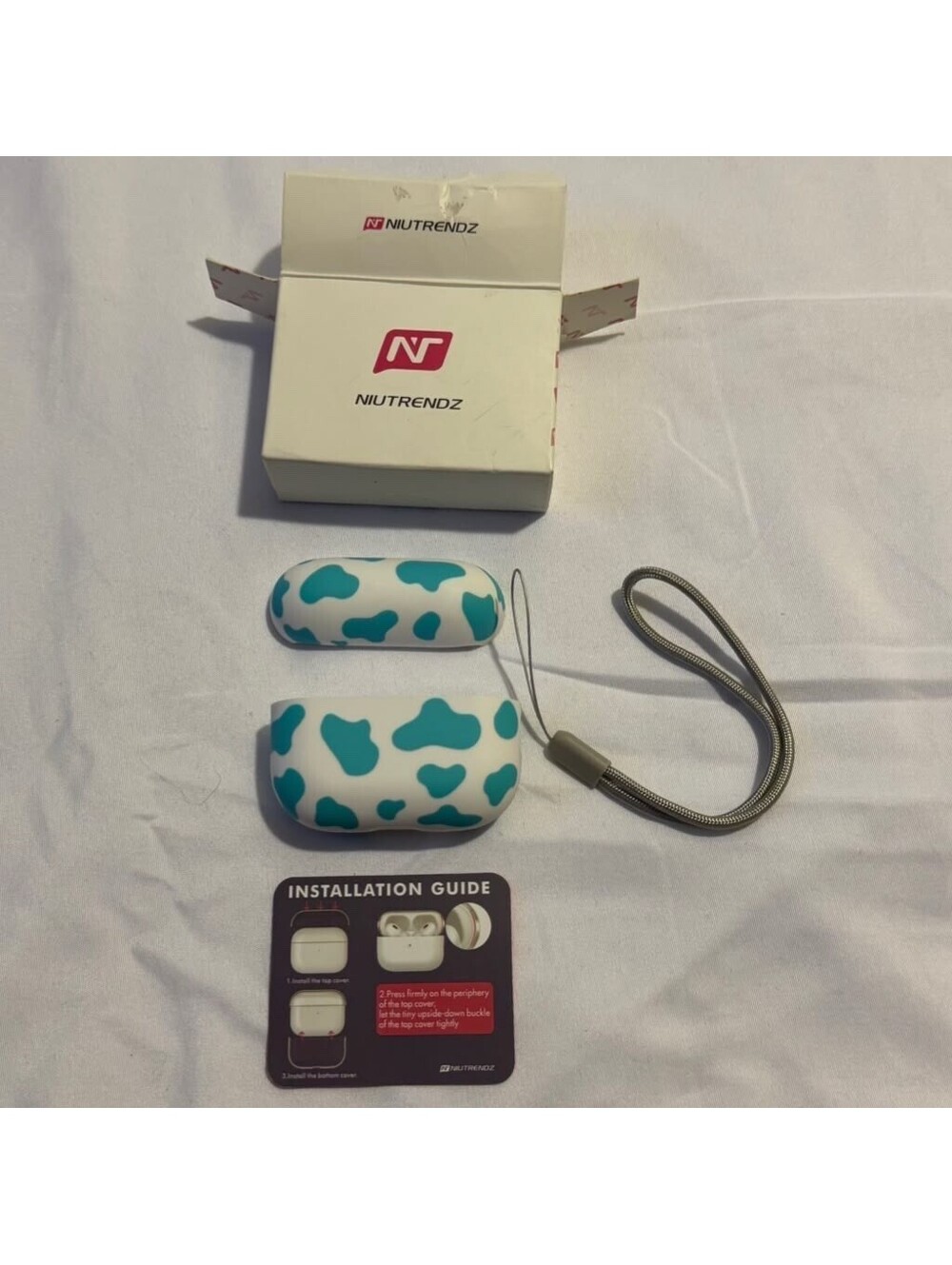 AirPods Pro Case Teal Cow Print Silicone Lanyard Keyring NWT